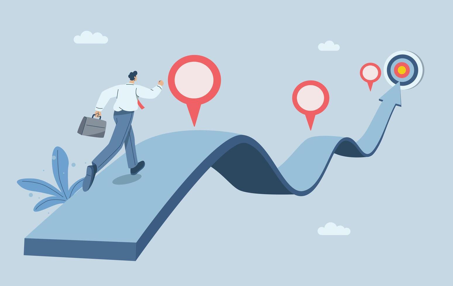 Businessman running on project timeline, Project planning to develop the timeline of business progress, Roadmap, Work duration review, Key route map with action plans. design illustration. vector