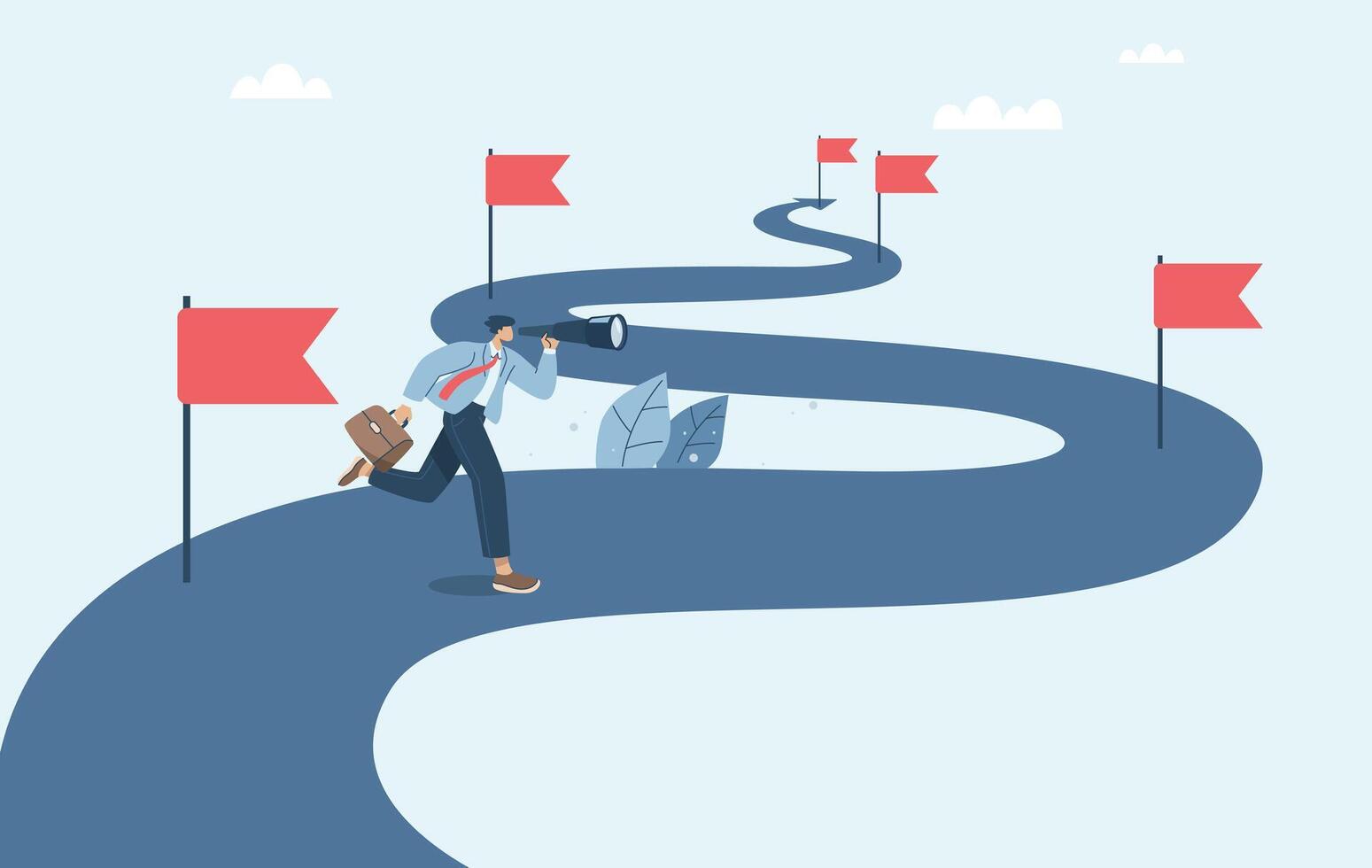 Project progress timeline monitoring, Roadmap, Timeline planning, Management, Manager uses binoculars to check on the progress of the project, Flat design illustration. vector