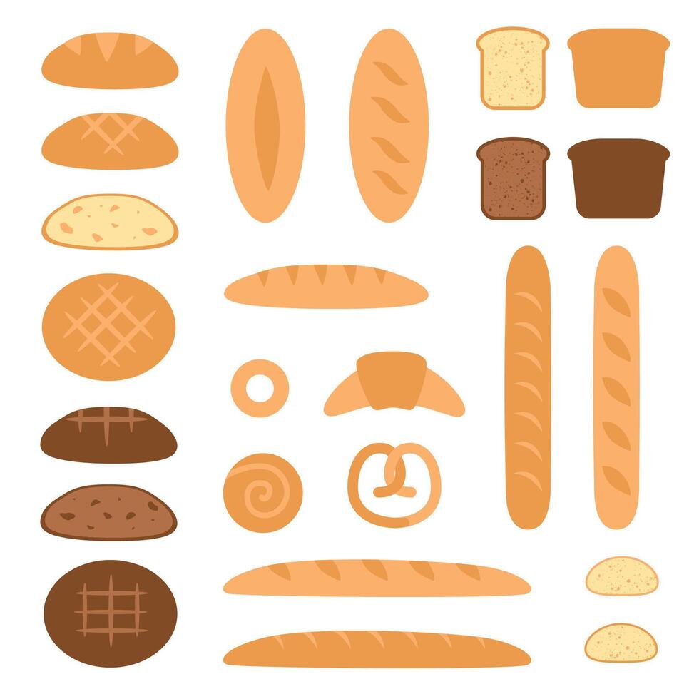 et of bread on a white background in the cartoon style. Fresh and testy rye and wheat bread, croissant, pretzel, bagel, roll, toast bread, baguette. vector
