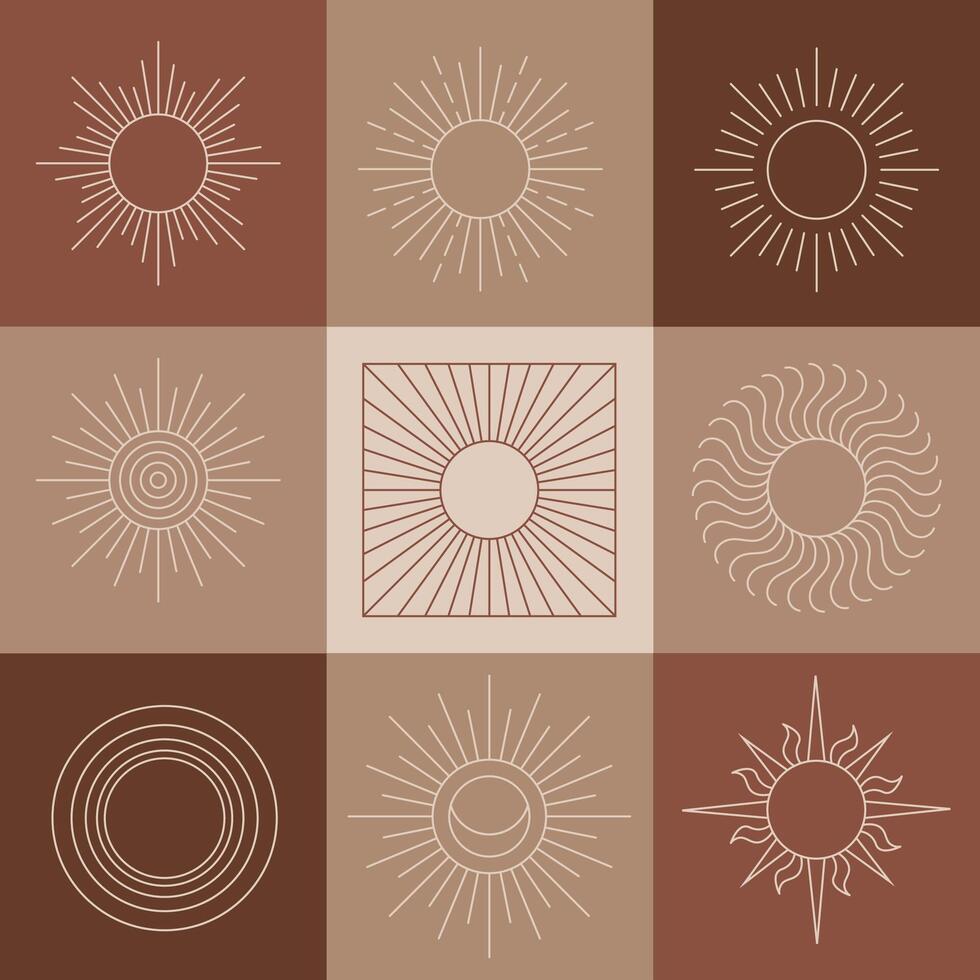 Bohemian sun, linear logos, icons and symbols, geometric abstract design elements for decoration. vector