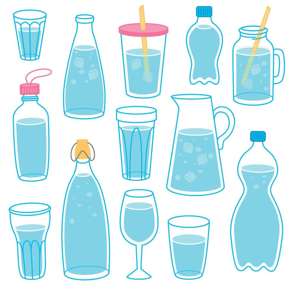 Cartoon glasses, bottles, jars with water and ice. vector