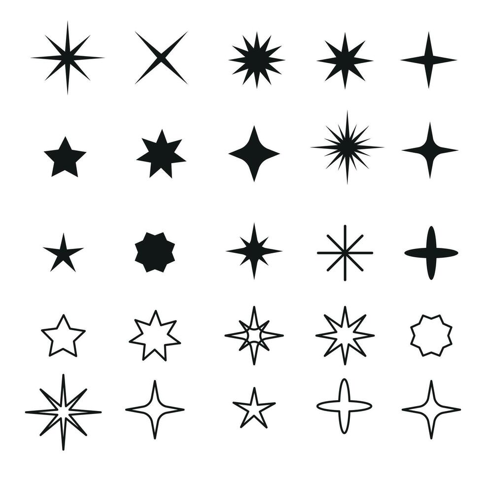 Black icons of different shapes of stars isolated on white background vector