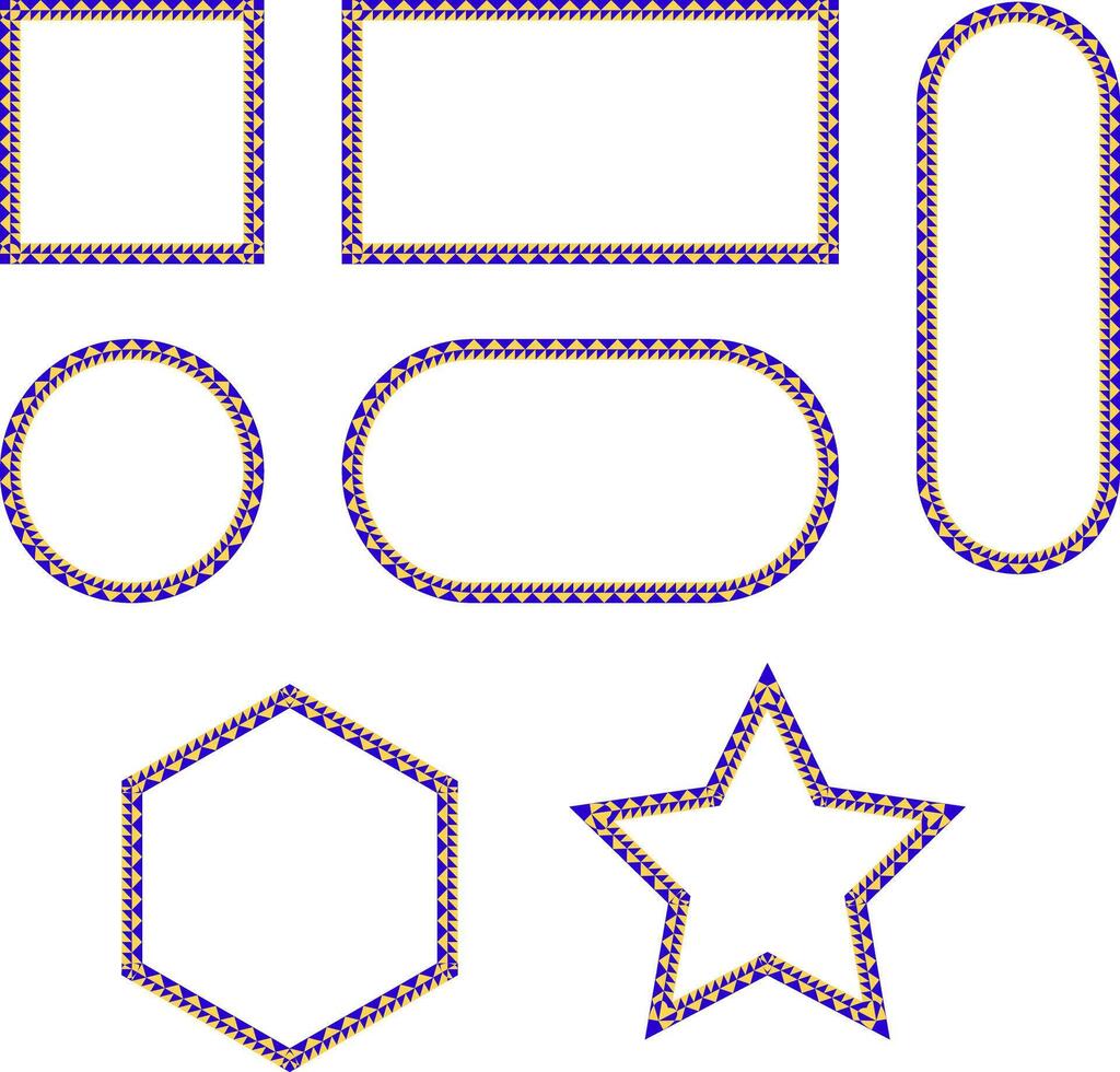 Collection of geometric frames with intricate triangular shapes including circles, hexagons, stars in purple and gold, for design projects, digital artwork, invitations, branding. illustration vector