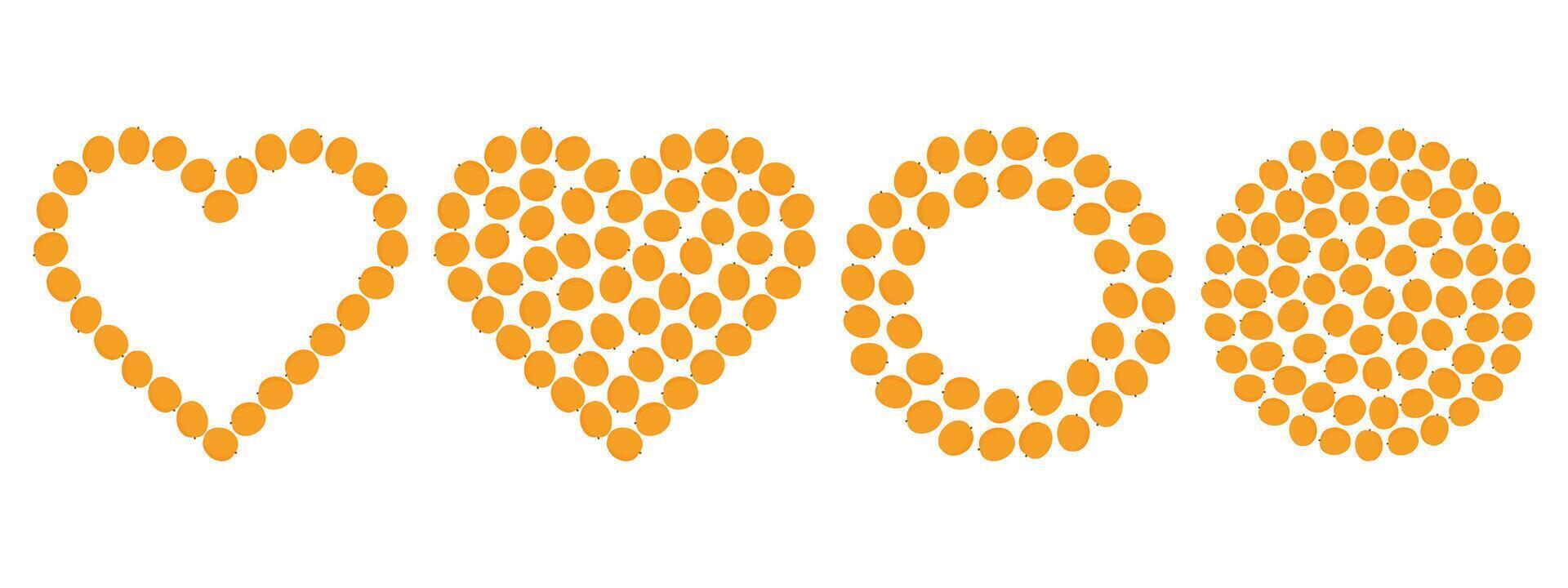 Apricots Heart shapes outline and fill. Circular Frame Copy space and Round Background Texture Set 4. Isolated illustration Thematic cards, poster or web promo banner, leaflet, price tag, label vector