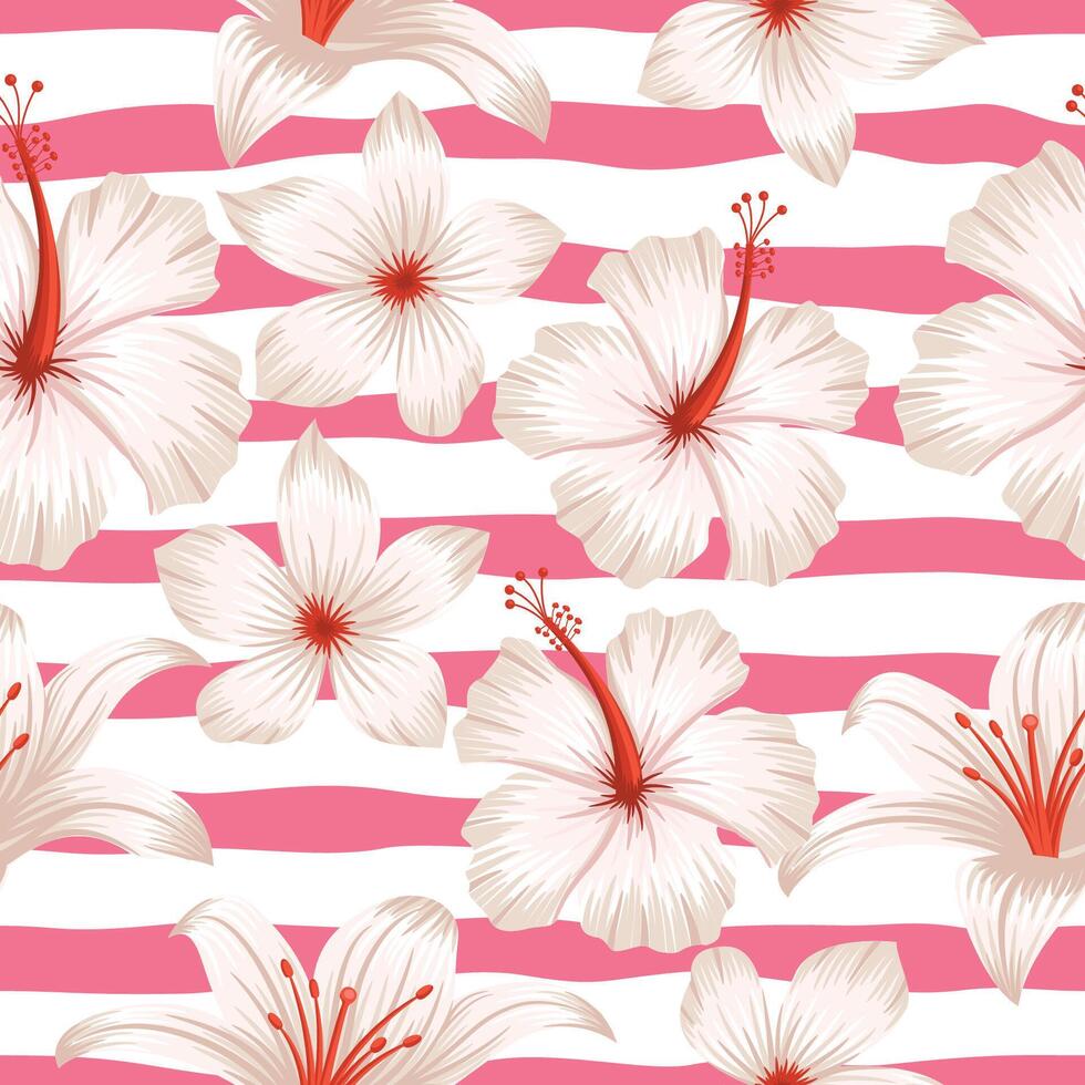 Floral seamless pattern with leaves with horizontal abstract pink line. tropical background vector