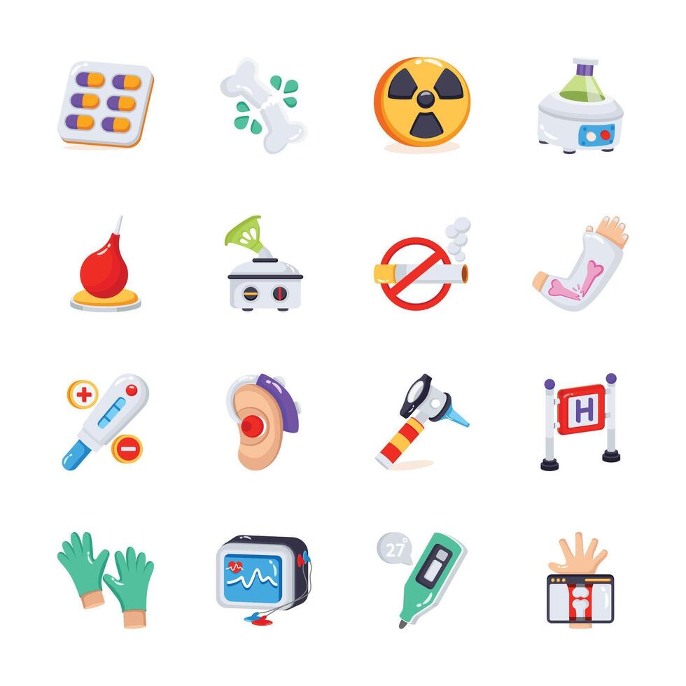 A collection of colorful, flat icons depicting various healthcare and medical concepts. vector