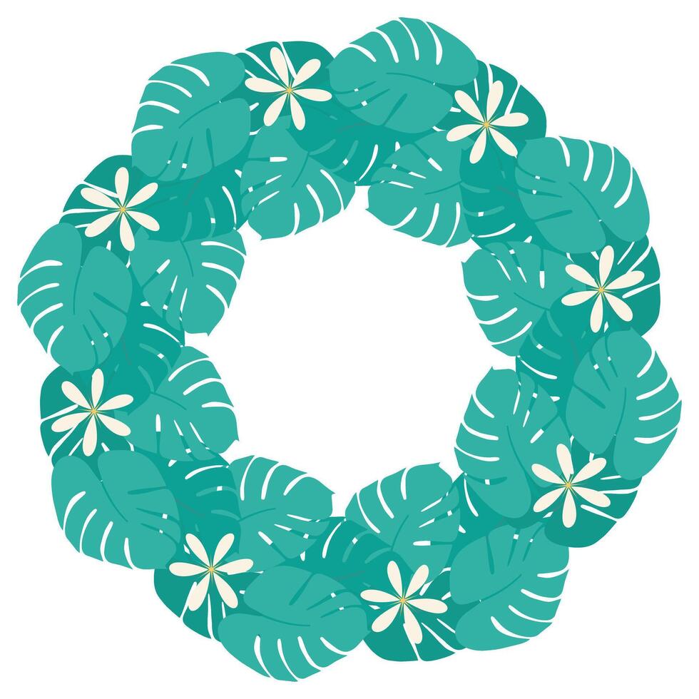 Monstera leaves and Abstract flowers Circular Frame border Tropical plants Copy space Template idea. Isolated illustration Cards, poster, leaflets, brochures, prices, label or web promo banner vector