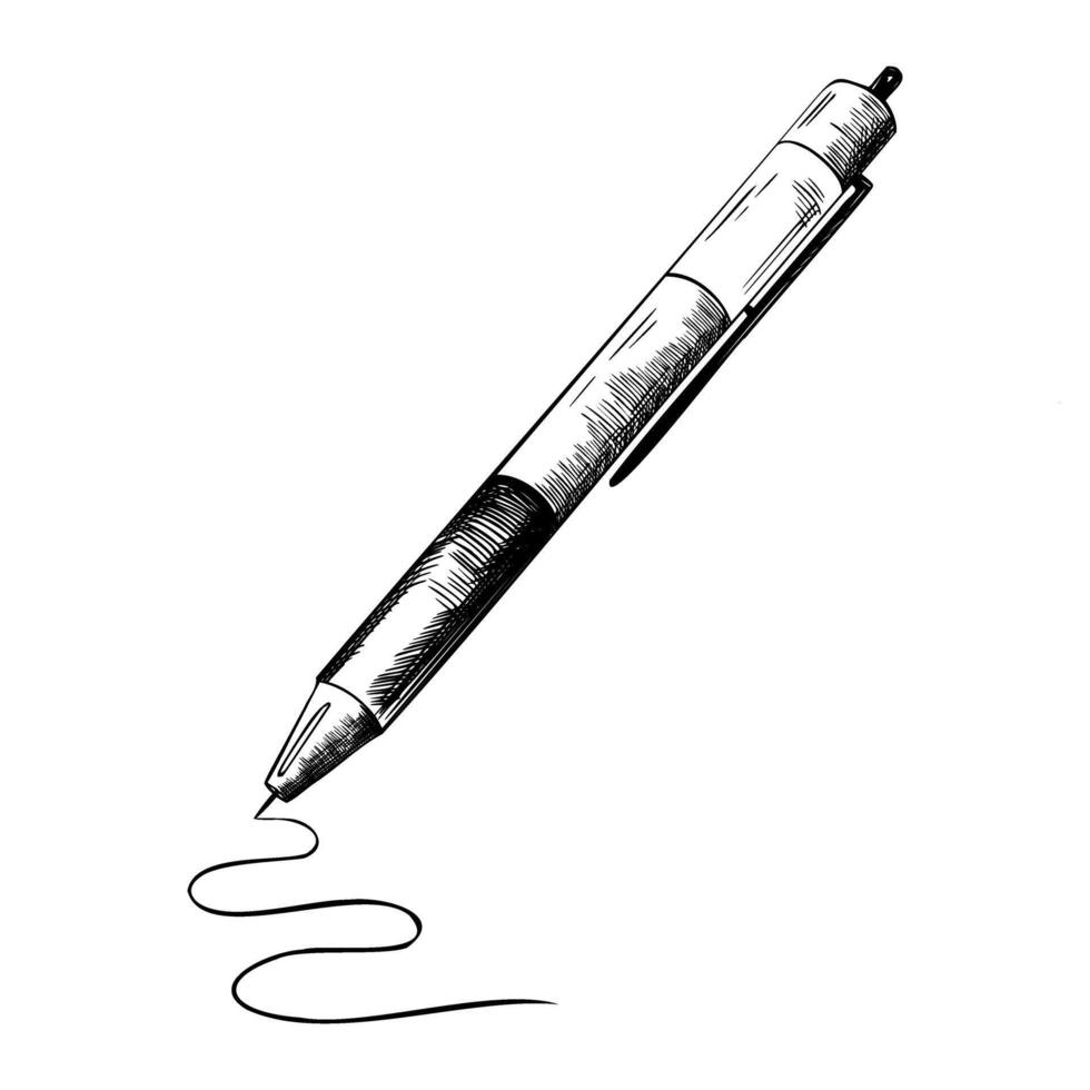 A pen draws a line. Hand drawn illustration in engraving style. Stationery supplies. Sketch School or Education Themed Drawing vector