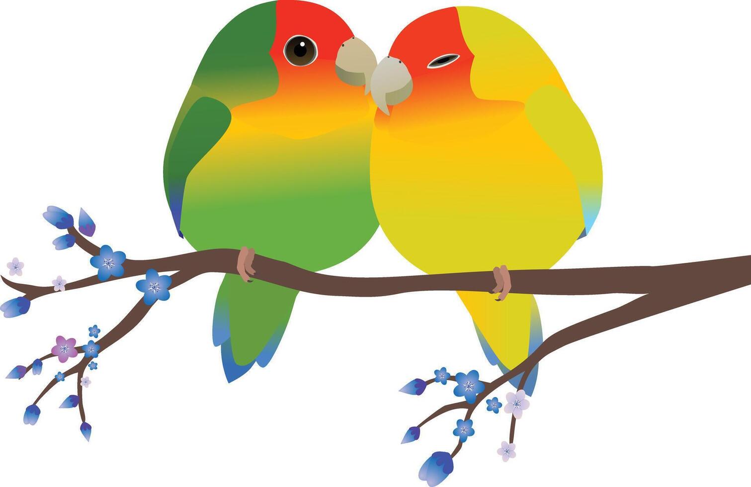 Two very cute Rosy faced lovebirds in the shape of an egg. One is a green color variation and the other is yellow. Cuddling close together. Soft blue gradient background vector