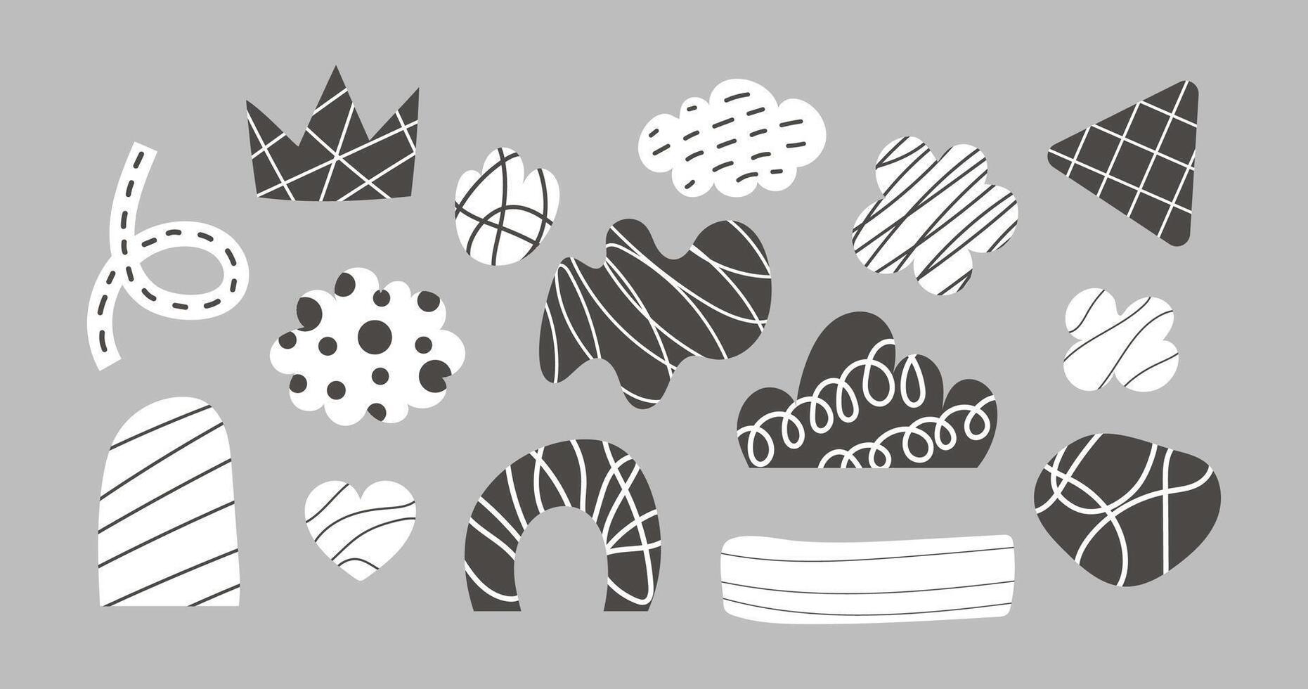 Hand drawn bizarre abstract forms collection. Modern black and white various contemporary figures, doodle objects and design graphic elements vector
