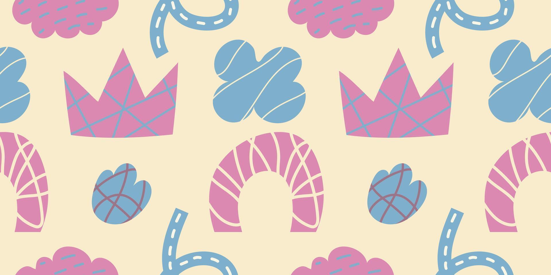 Abstract seamless pattern of pink and blue freehand doodle scribble inside simple shapes. Retro illustration for textile, paper, fabric, background, wallpaper, print design. vector