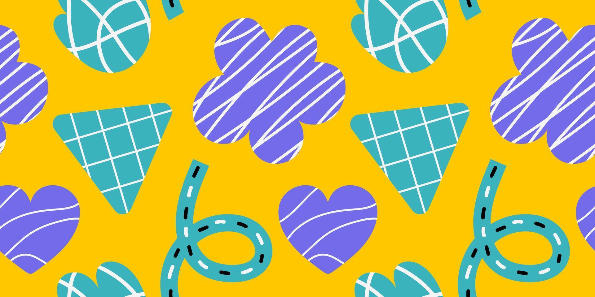Modern seamless pattern in 2000s. Hand drawn abstract shapes with scribble lines inside vector