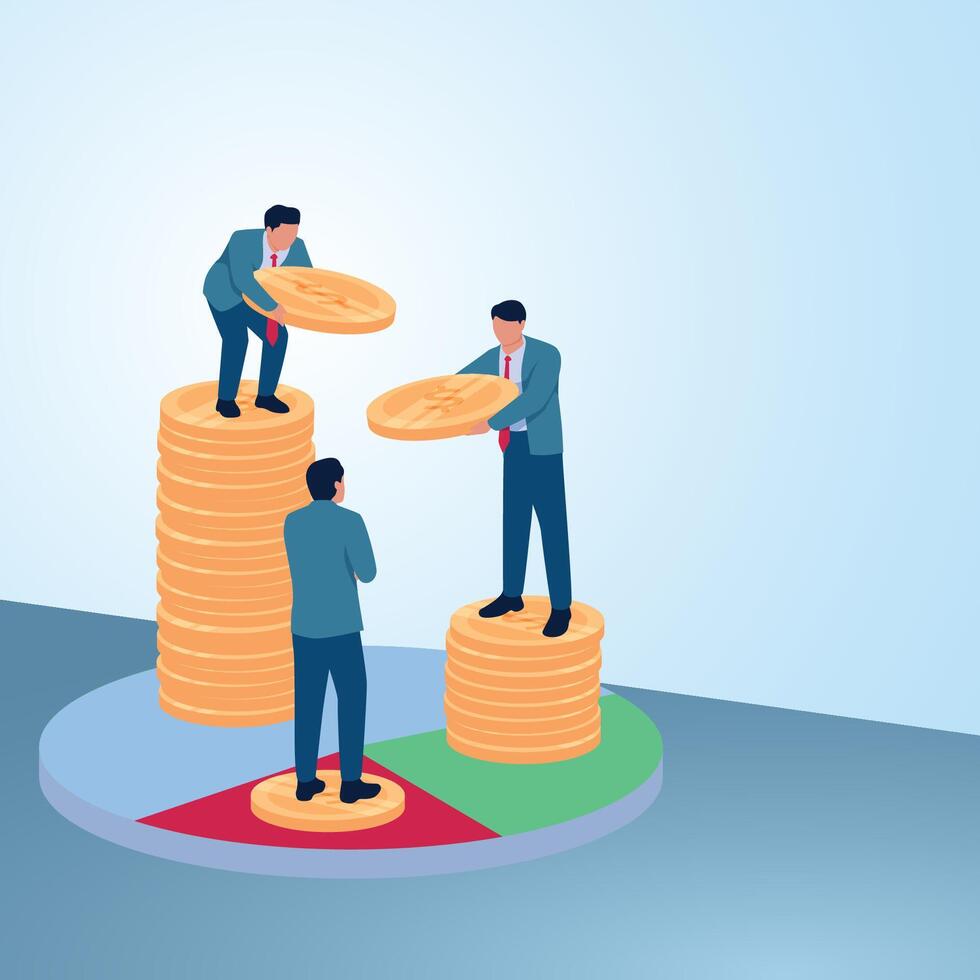 A man gives a coin to his friend in another pie chart. Illustration of profit, dividend, and shareholder distribution. vector