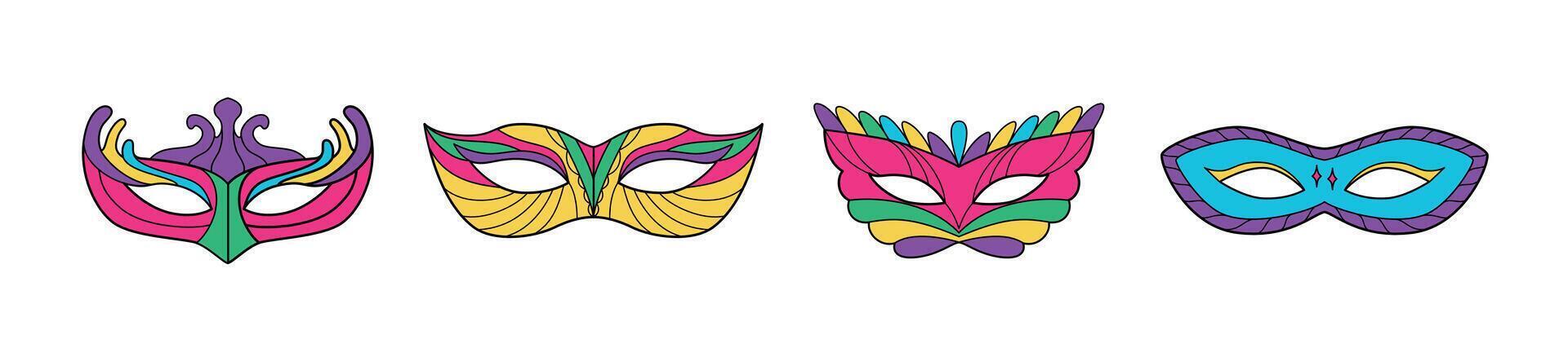 Colorful carnival masks set. Contour, drawing, sketch. Festival costume element. Mardi Gras carnival mask. Brazil carnival, Venice. Masquerade. . vector