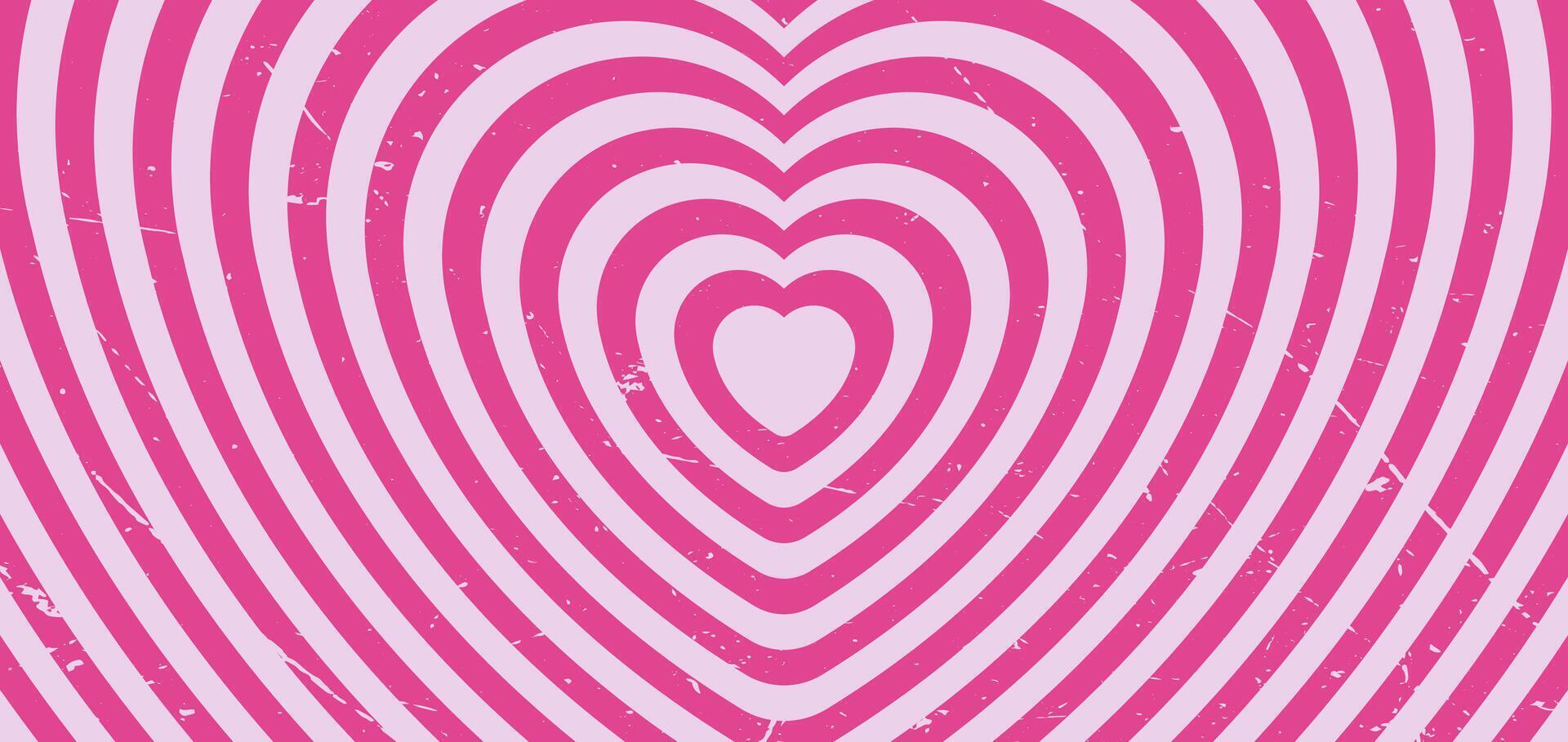 Tunnel of hypnotic pink heart shape. Retro psychedelic wallpaper, with vintage textured effect. vector