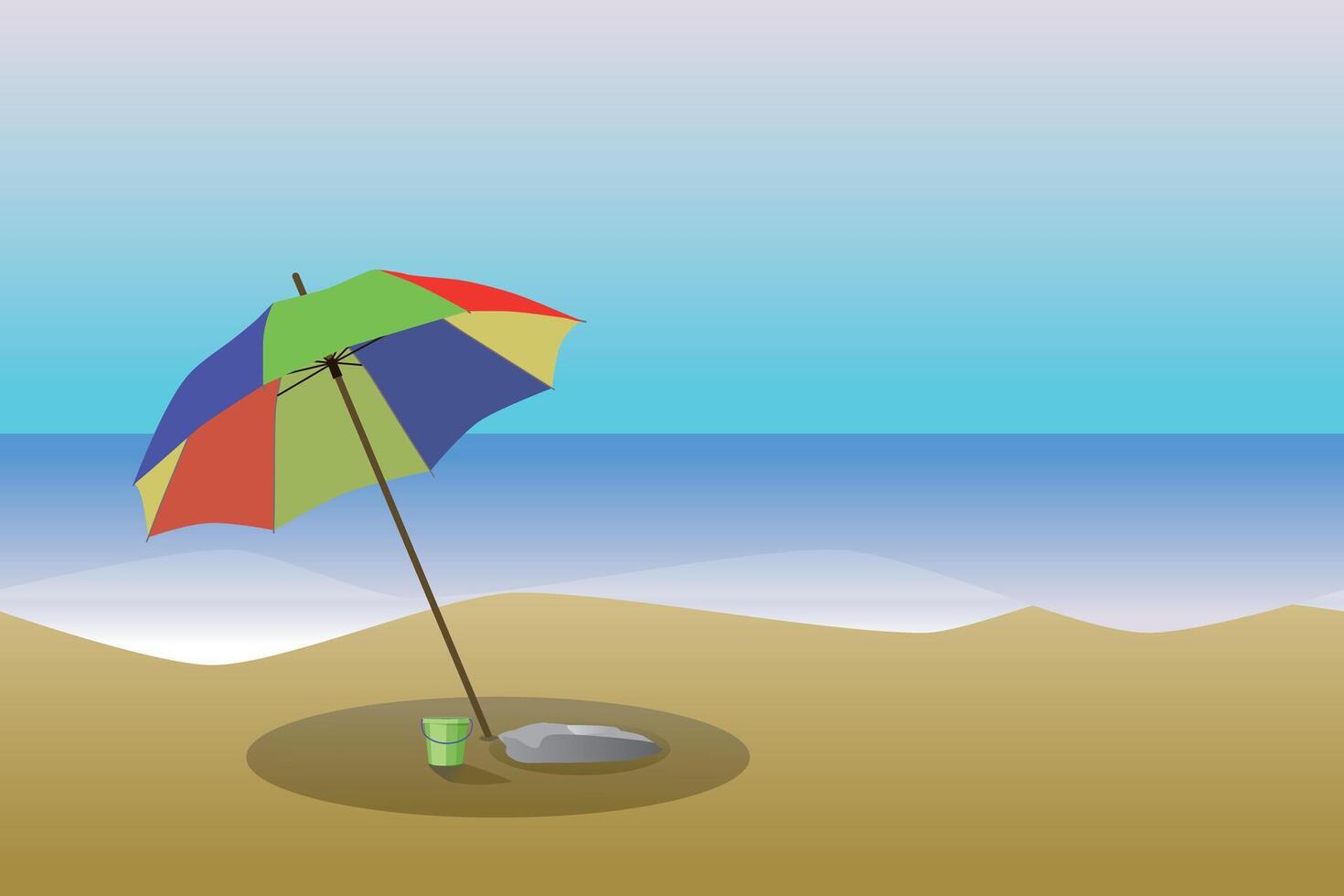 A beach and the sea landscape with a colorful parasol and a toy bucket under it. The sea is flat and the sky is blue. vector