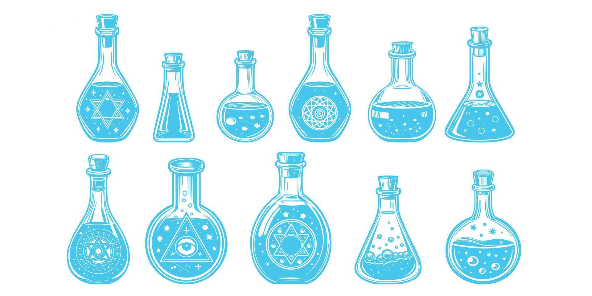 Illustration of magical bottles with symbols of stars, the moon, and geometric patterns. Blue on a white background creates a mystical vibe. Perfect for card design, packaging, and fantasy projects. vector