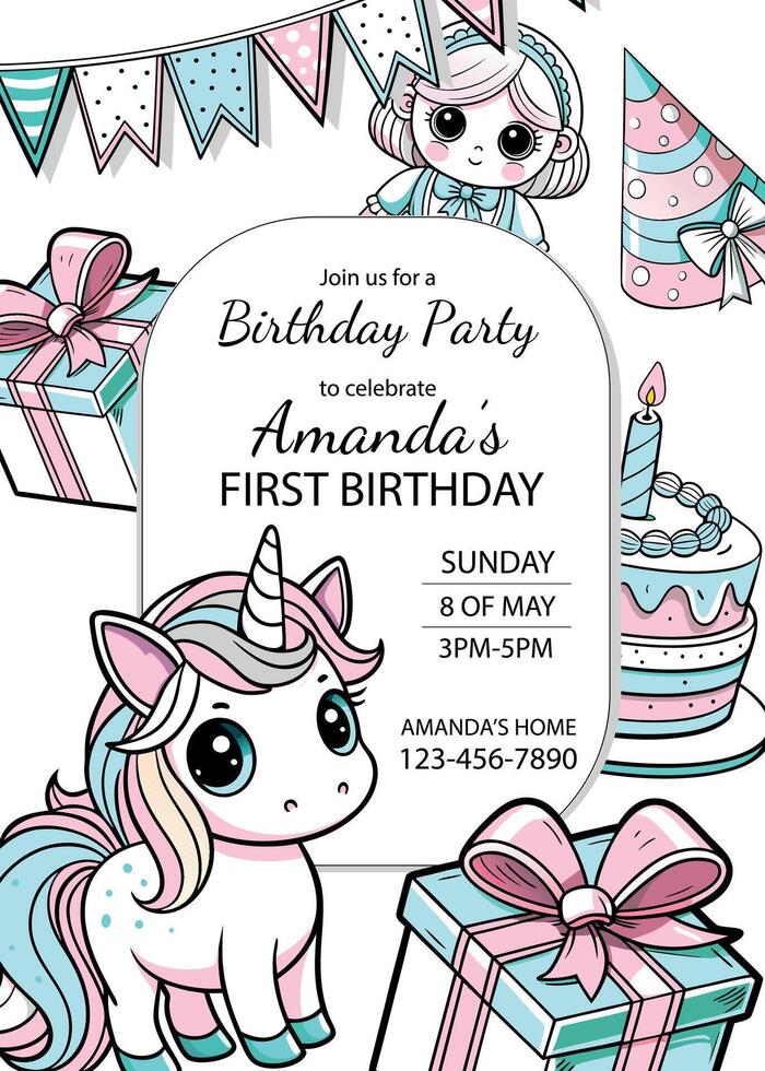 Cute unicorn-themed first birthday party invitation with pastel decorations, gifts, and a playful cake. Perfect for creating personalized invitations for parties and celebrations. vector