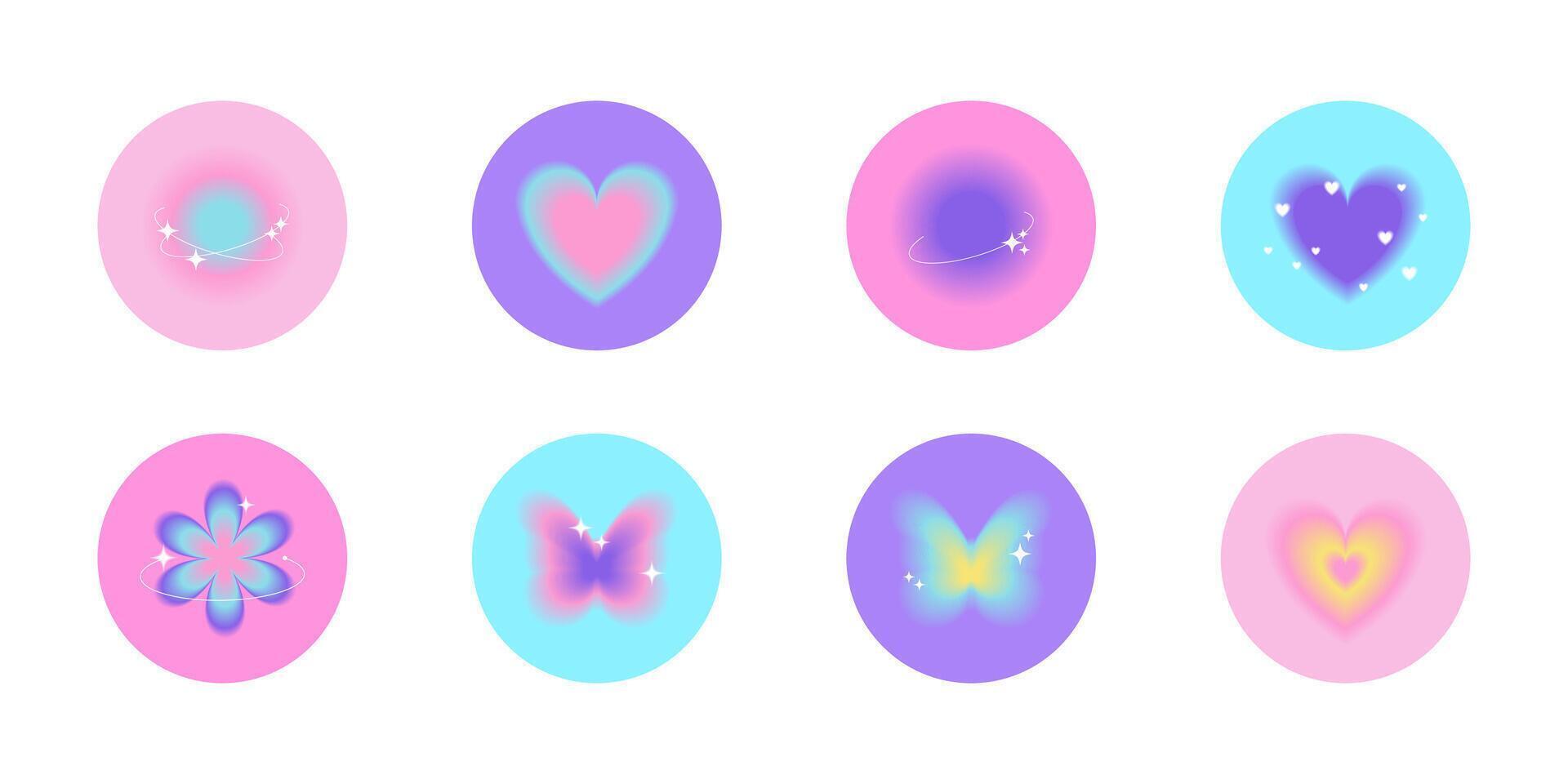 Set of blurred gradient round stickers, highlights covers in y2k style. Templates icons, trendy aura design for social media, story buttons. Flower, heart, planet, butterfly 2000s elements vector