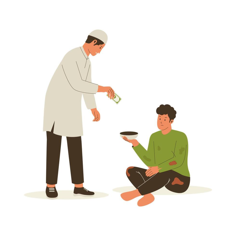 Illustration of muslim man gives donation to beggar vector