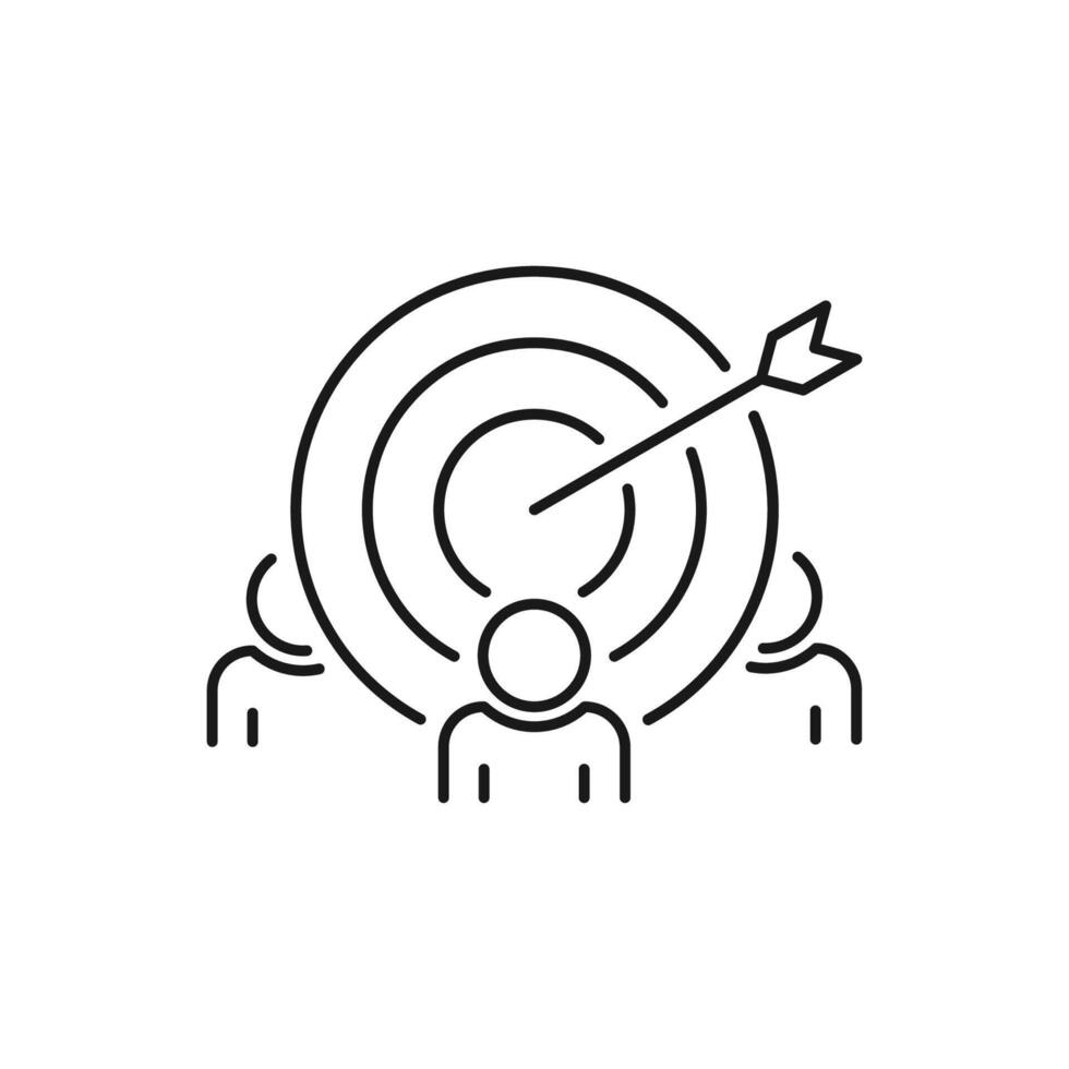 Target audience icon. Depicts a stylized group of figures with a dart hitting a target above them, symbolizing precise candidate search, talent acquisition. illustration vector