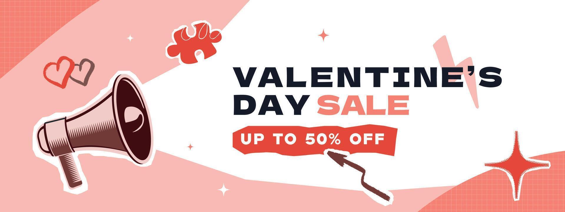 A horizontal banner template for a Valentine's Day sale with a speaker, various doodle elements, and typography. Collage-style layout design. vector