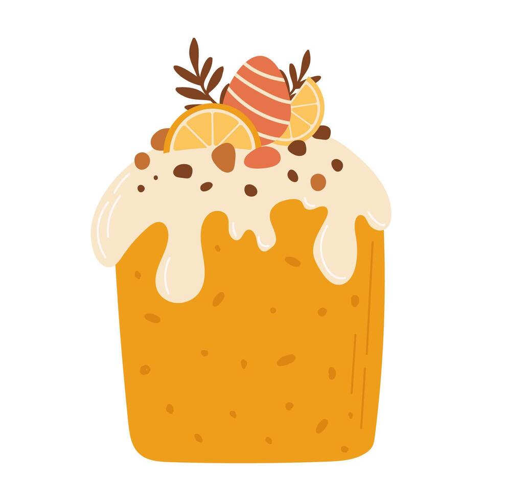 Easter cake decorated candied fruit and eggs. Sweet bakery illustration vector
