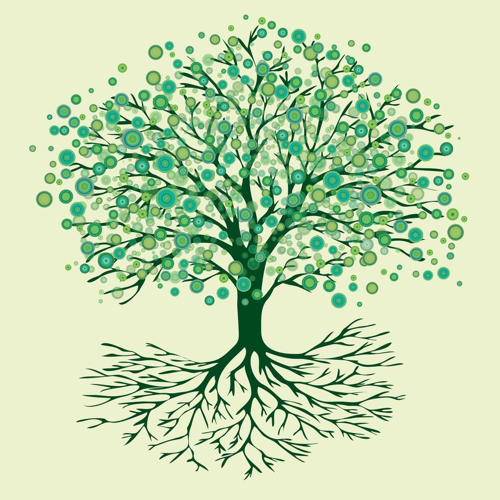 An illustration of a tree of life with abstract round green flowers vector