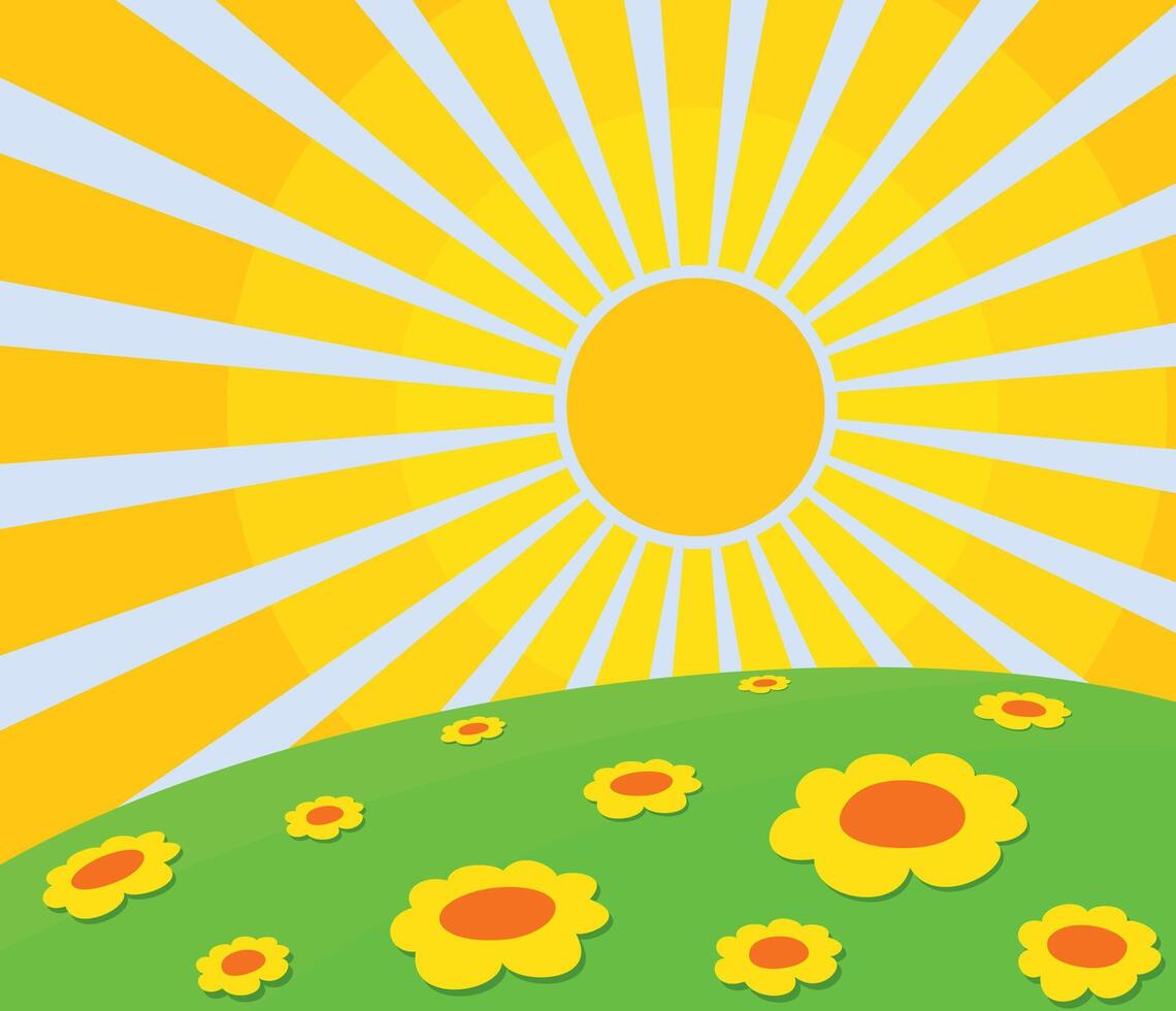 Landscape with flowers and sun. vector
