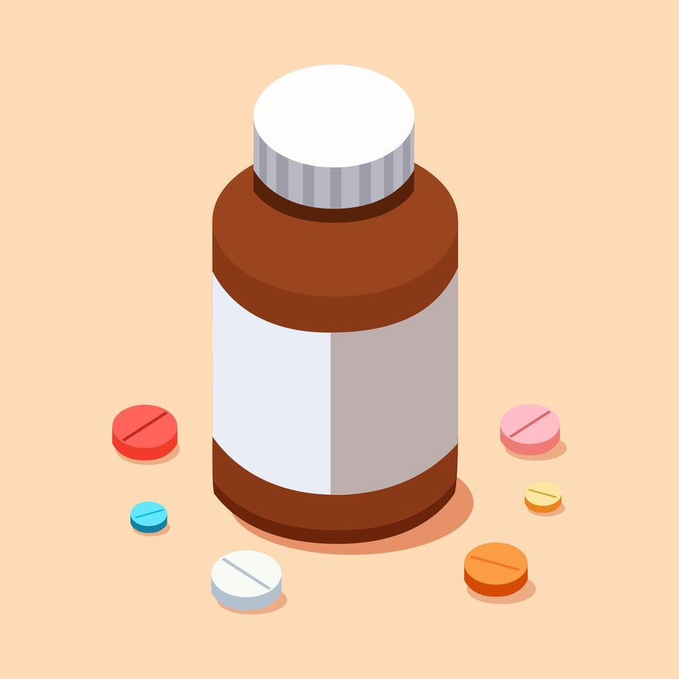 Illustration of a Medicine Bottle with Several Pills Underneath vector
