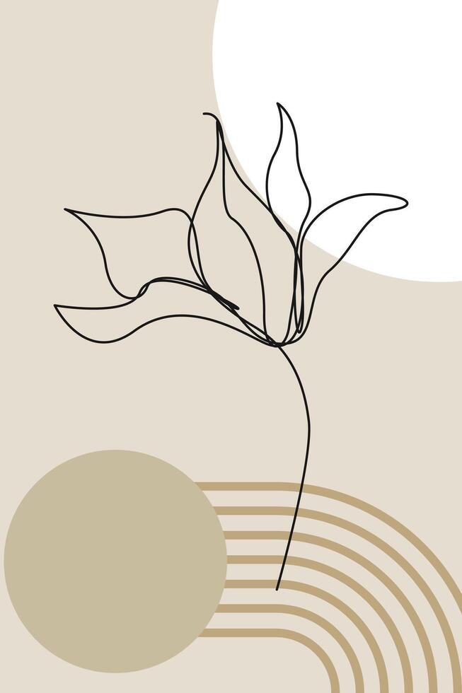 Beige Botanical Abstract Floral Bohemian Outline Wall Art Background vector