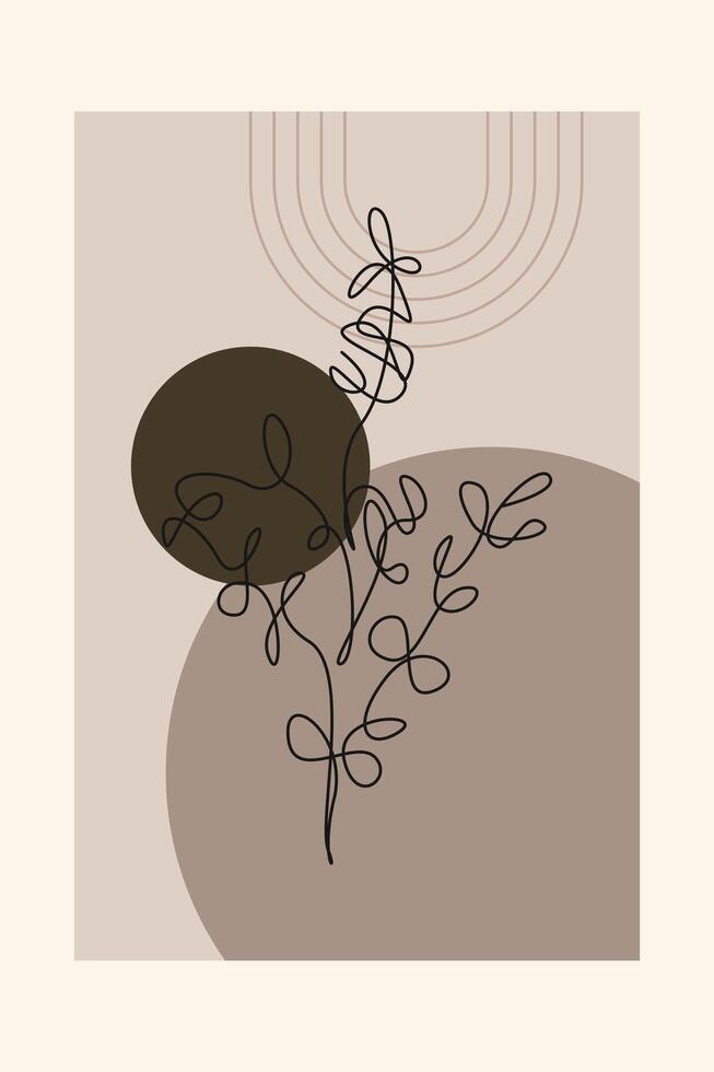 Beige Abstract Botanical Floral Outline Wall Art Background vector