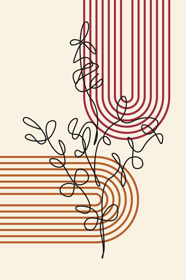 Beautiful Beige Botanical Abstract Floral Outline Wall Art Background vector