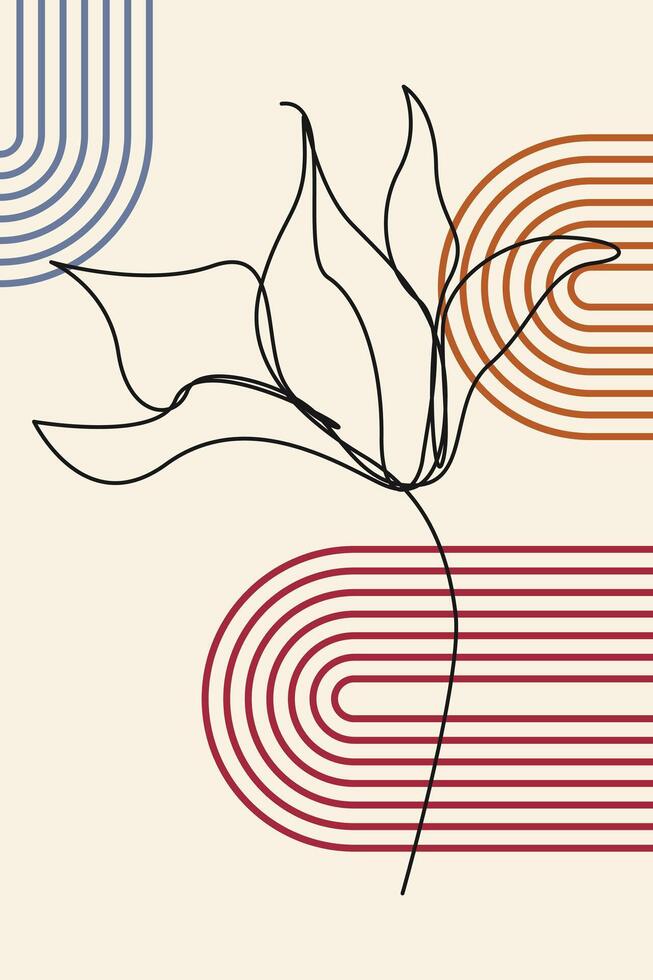Monoline Flower Beige Botanical Abstract Floral Outline Wall Art Background vector