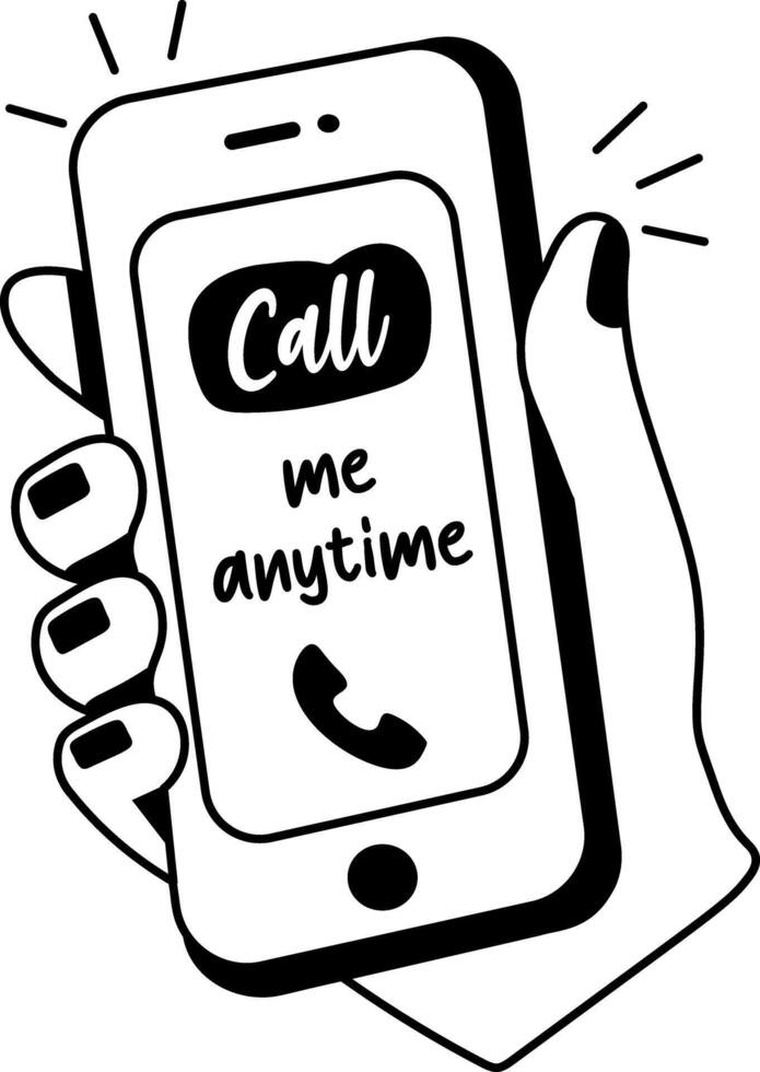 Glyph sticker of a phone with the text call me anytime displayed on the screen vector