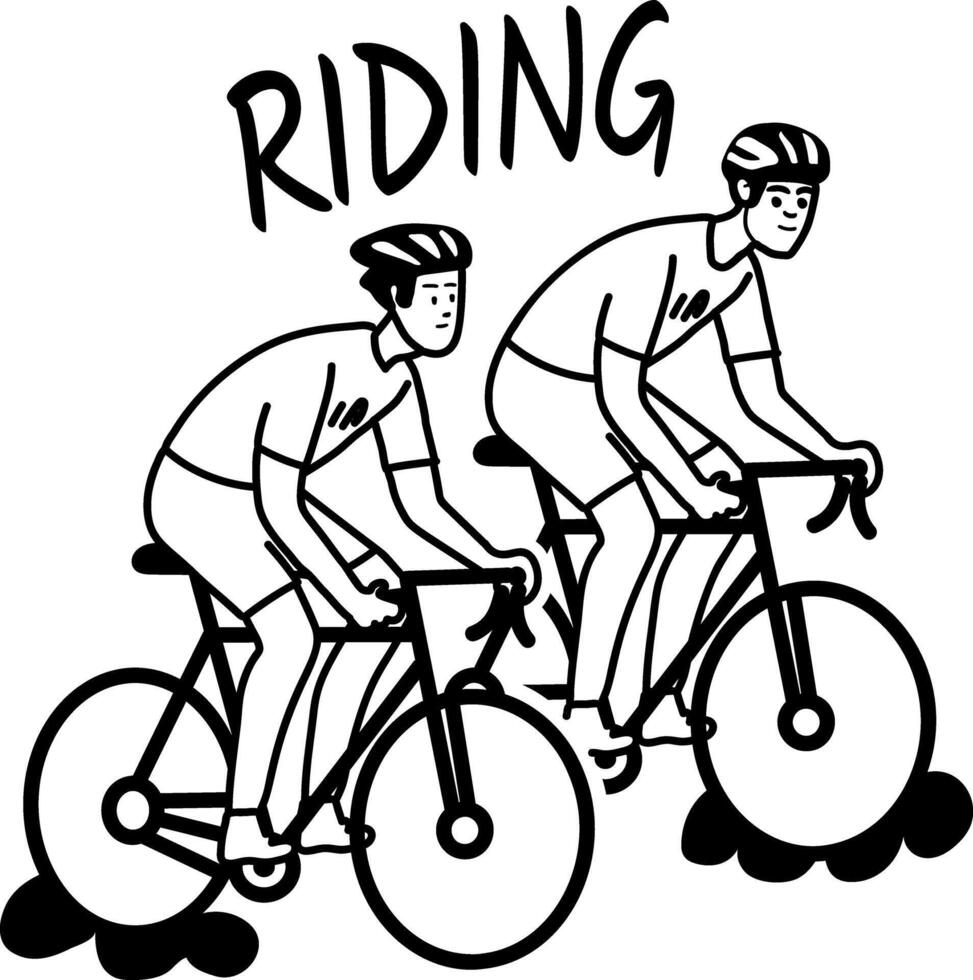 A glyph sticker of two friends cycling together with riding typography vector