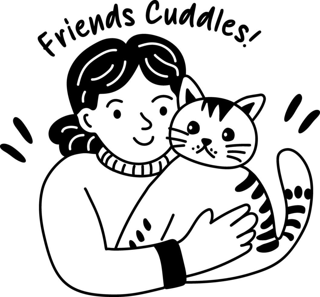 A glyph sticker of a person cuddling a cat, with the text friends cuddles vector