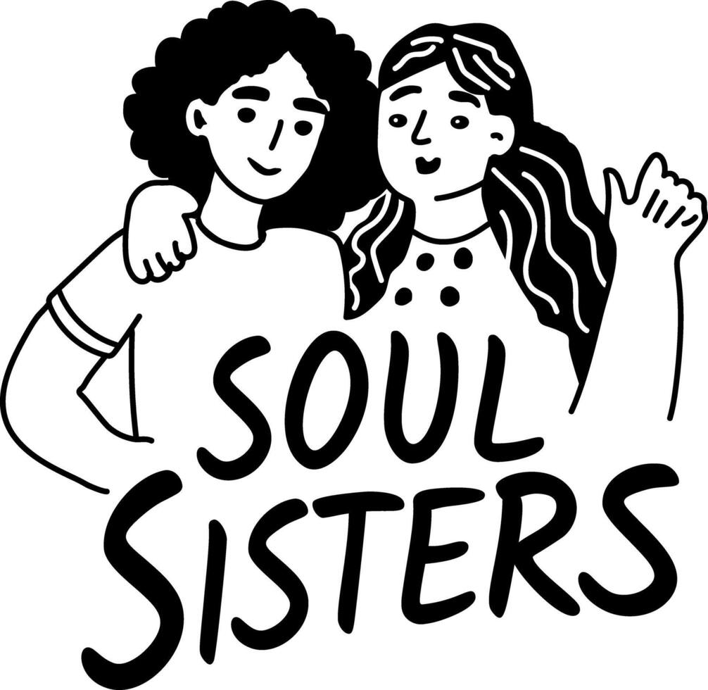 Glyph sticker of two women hugging with the text soul sisters below them vector