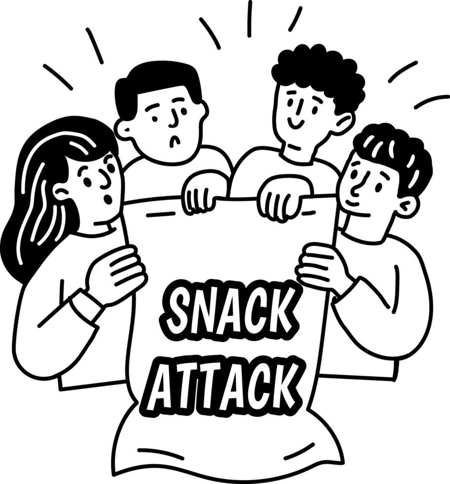 A glyph sticker of friends with snack attack typography vector
