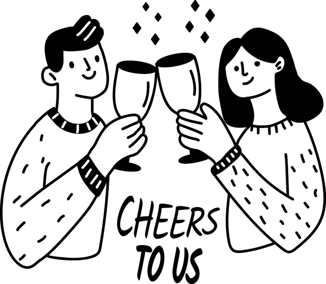 A glyph sticker of a couple toast glasses of wine with the text cheers to us vector