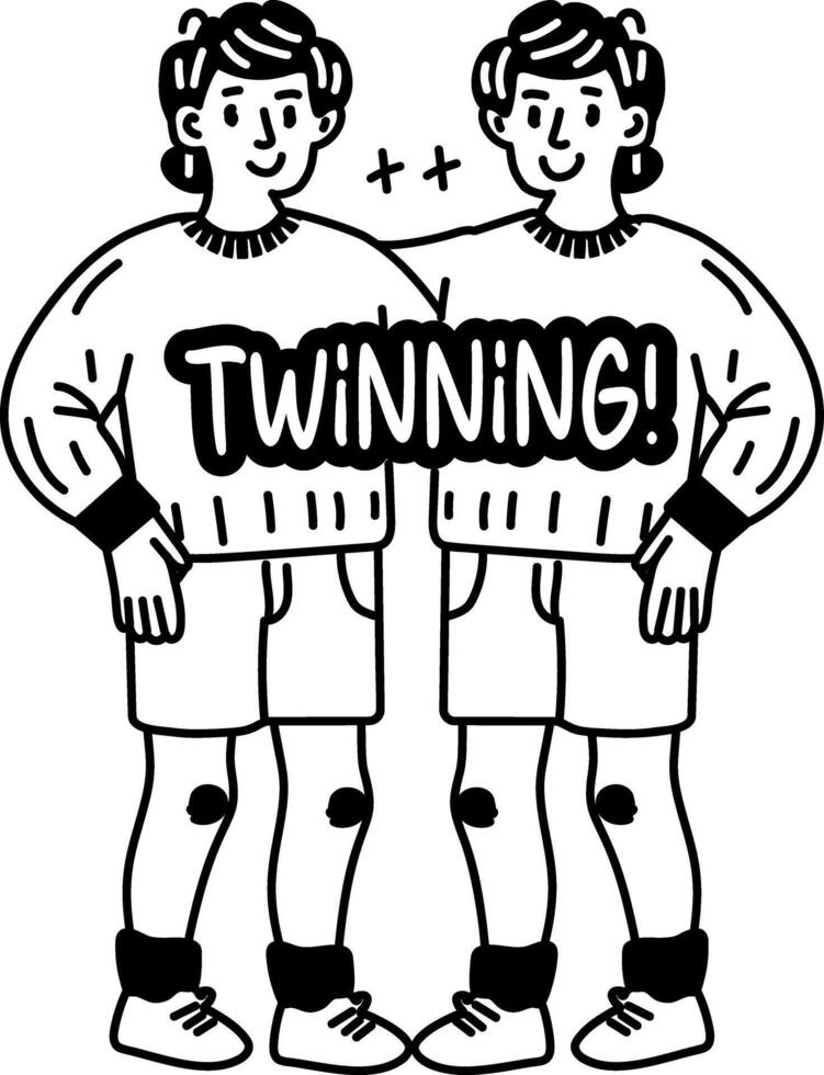 Two people wearing matching outfits with twinning typography, glyph style sticker vector