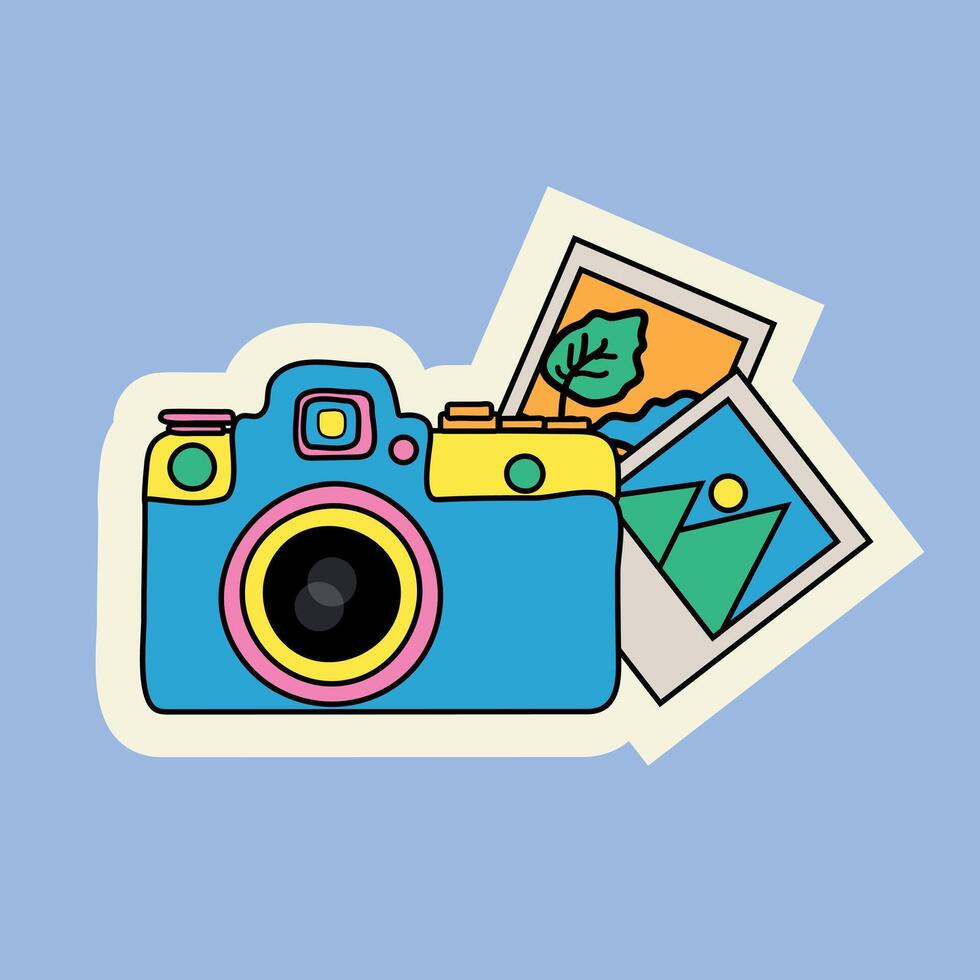 Cute camera in doodle style on a blue background sticker in 2k style graphics illustration vector