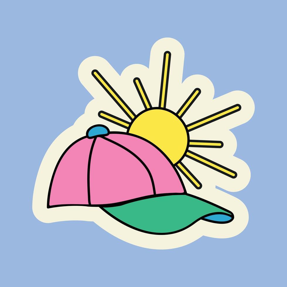 Cute bright baseball cap with the sun in the background on a blue background illustration for clothing decal doodle style u2k vector