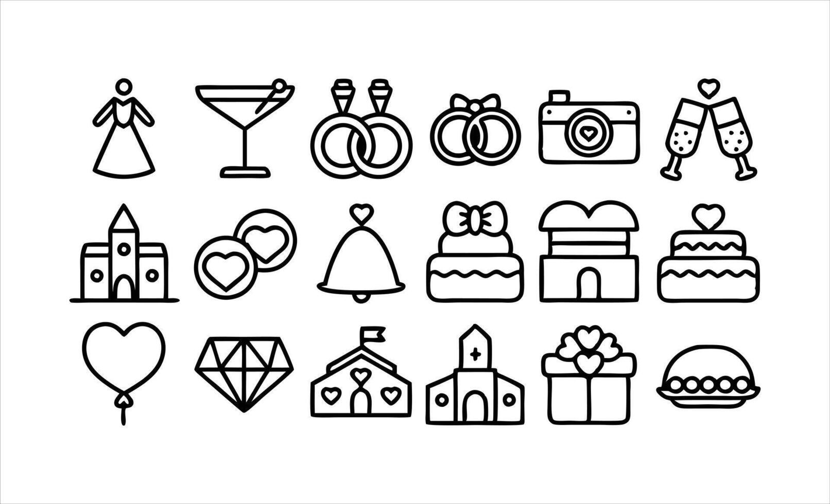set of outline icons related to wedding linear vector