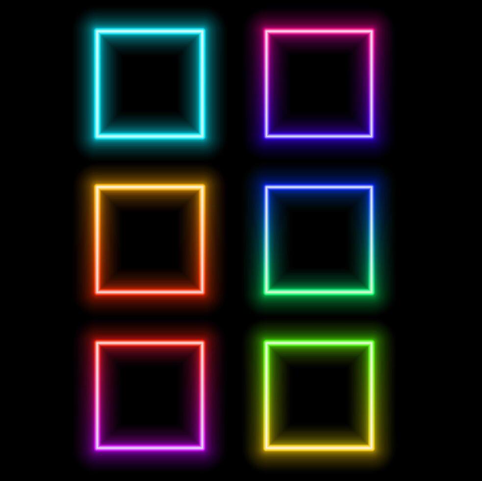 set of neon square frames, colorful illustration, blank frames isolated on black background, different colors, bright lines, gradient color and rainbow colors. vector