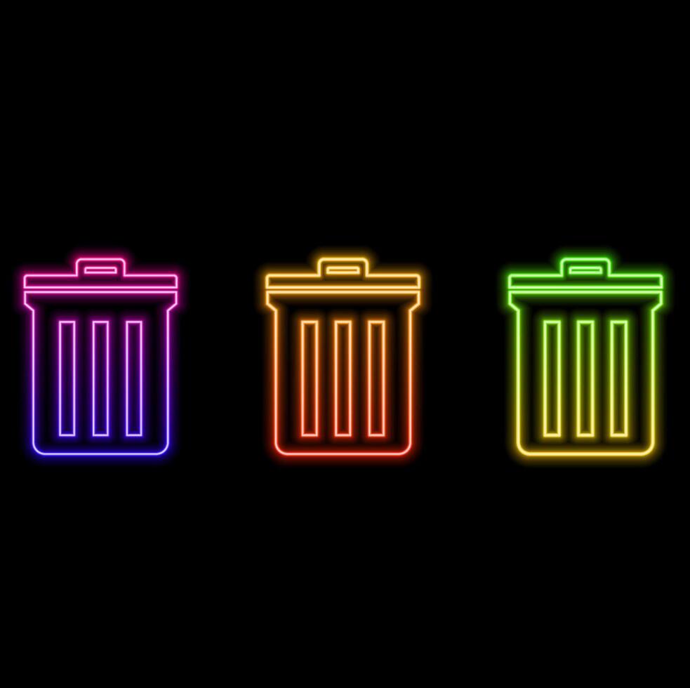 Glowing neon line recycling bin with recycling symbol icon isolated on black background. Trash can icon. Trash can sign. Recycling bin plate. Colorful outline concept. vector