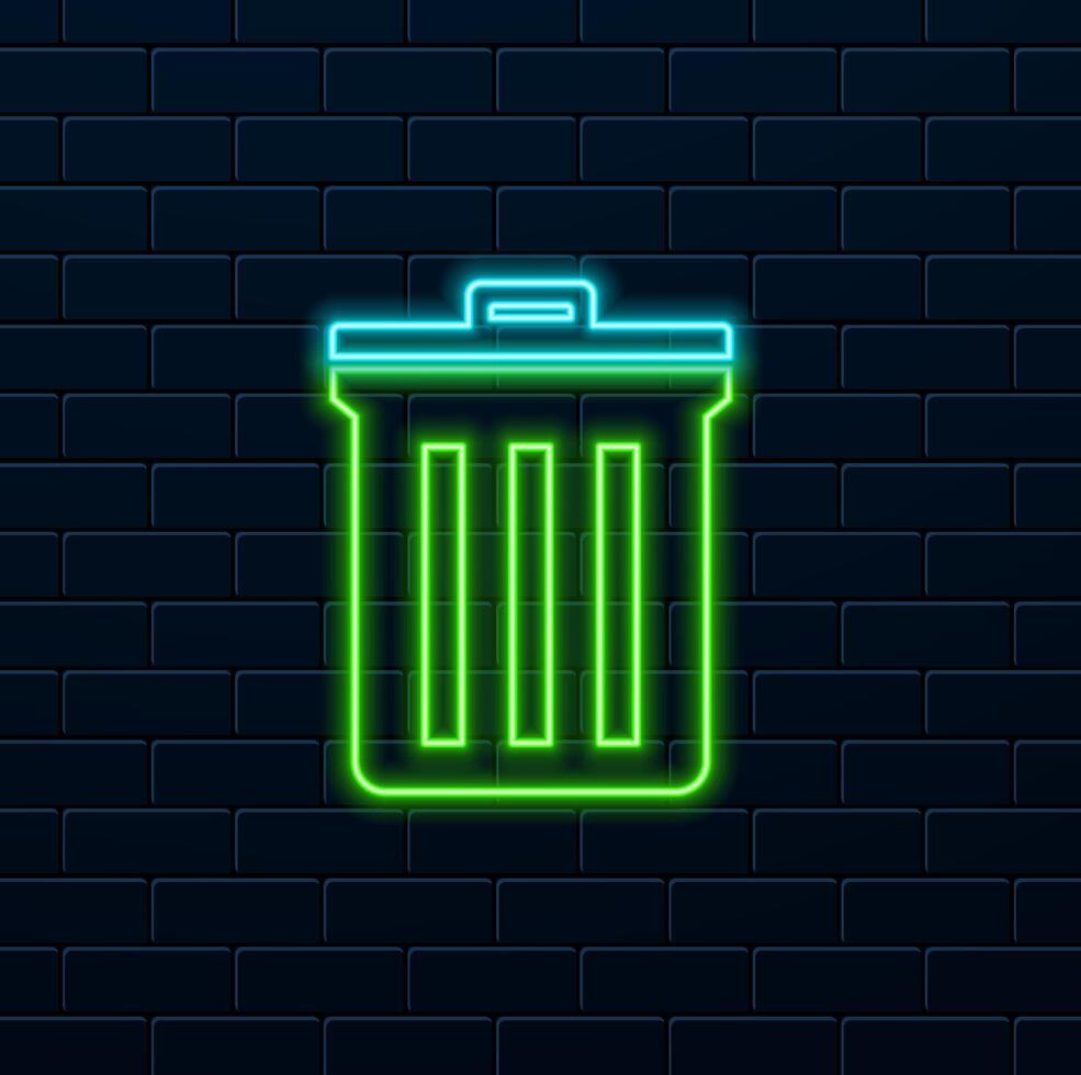 Glowing neon line trash icon can be isolated on the background of the brick wall. Trash can sign. Recycling bin icon. Office trash icon. vector
