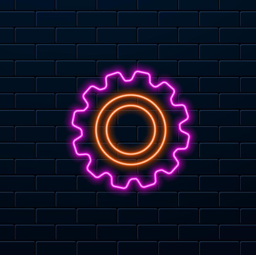 Glowing gear neon icon isolated on brick wall background. The cogwheel gear configurations sign. Gear symbol. vector