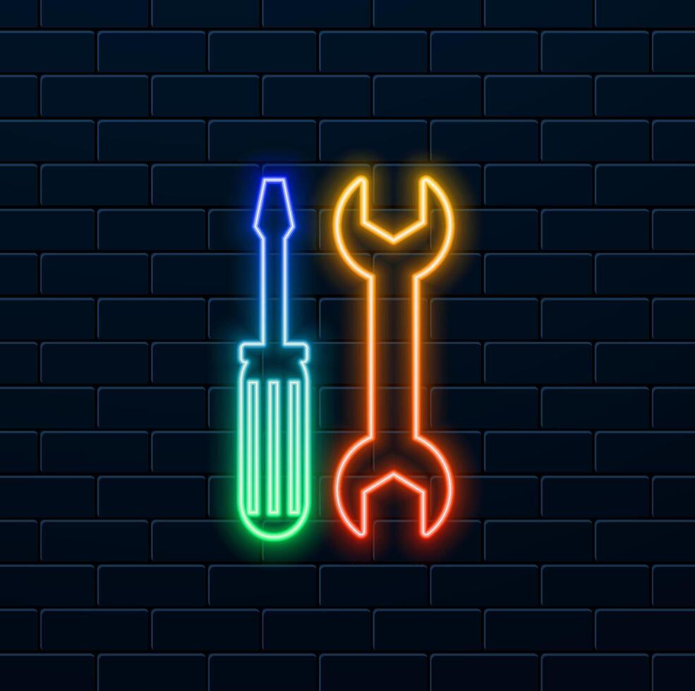 Glowing neon screwdriver and screwdriver icon isolated on blue background. Service Tool Symbol vector