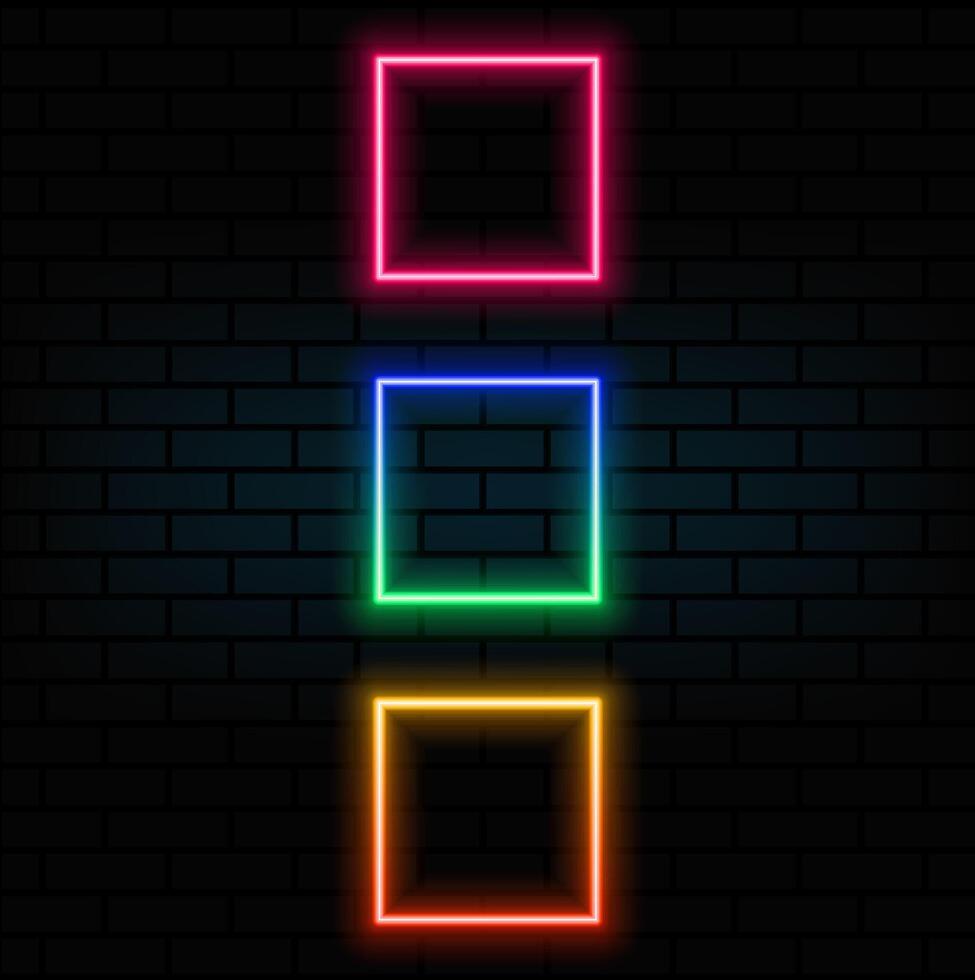 Neon square frame. Double contoured neon quadrate border set. Geometric shape with copy space, futuristic graphic element for social media stories. Yellow, orange, red color. vector